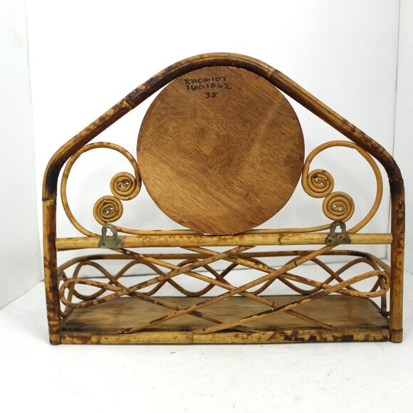 Vintage 1970's Bamboo Aged Wall Shelf Round Mirror Boho Retro As-Is - Picture 6 of 10